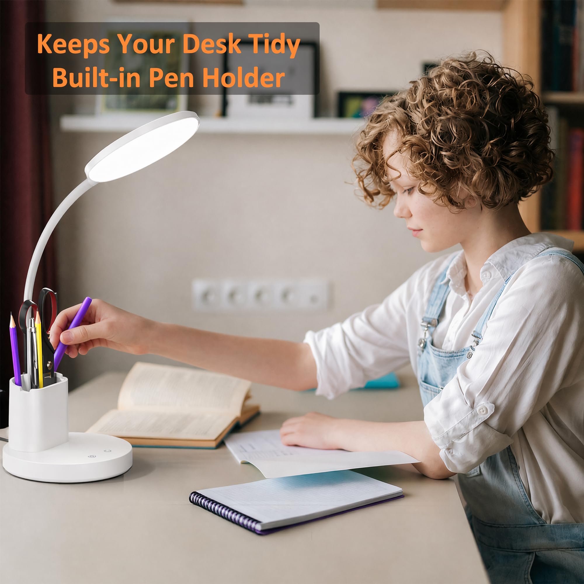 LED Desk Lamp with Wireless Charger for Home Office, Black | 3 Color Modes Dimmable Eye-Caring Study Desk Light for College Dorm Room, 360° Flexible Arm, Built-in Pen Holder, 800 Lumen