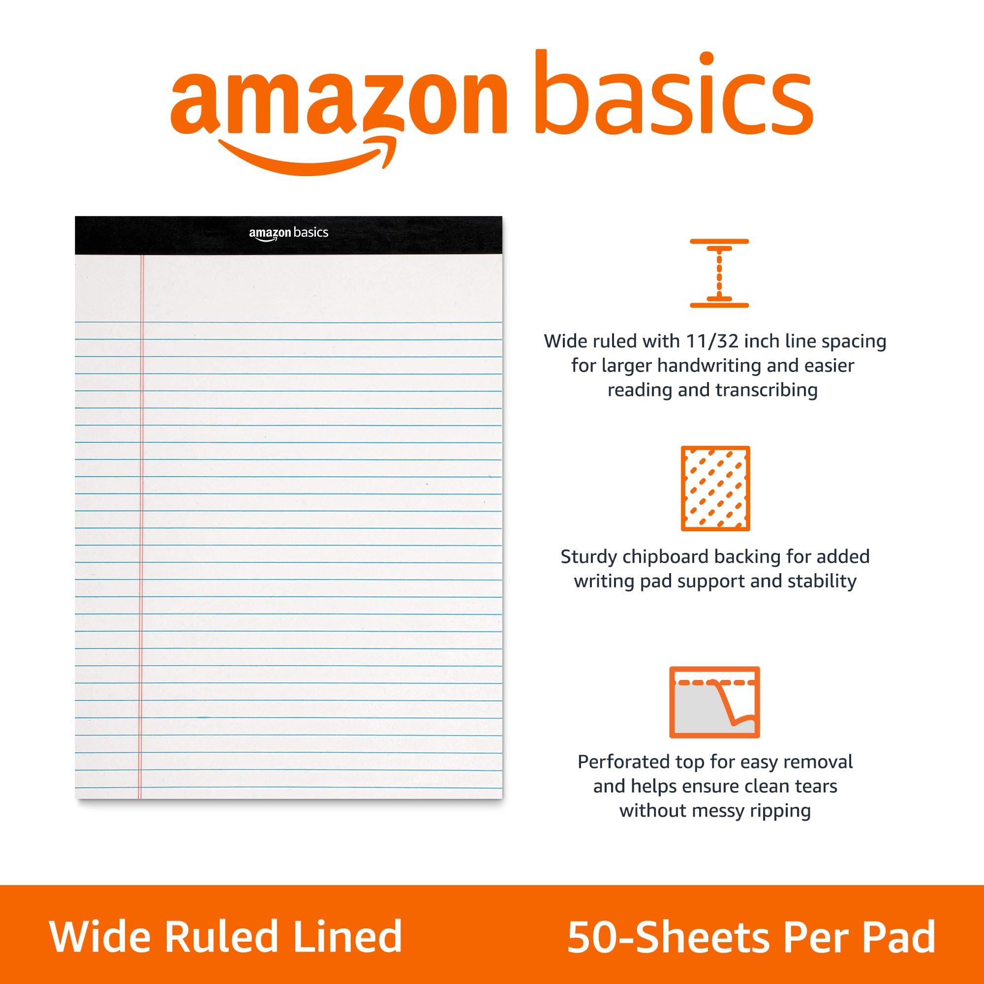 Amazon Basics Narrow Ruled Writing Pads, Perforated, 5" x 8", Multicolor, 6-Pack of 50 Sheets