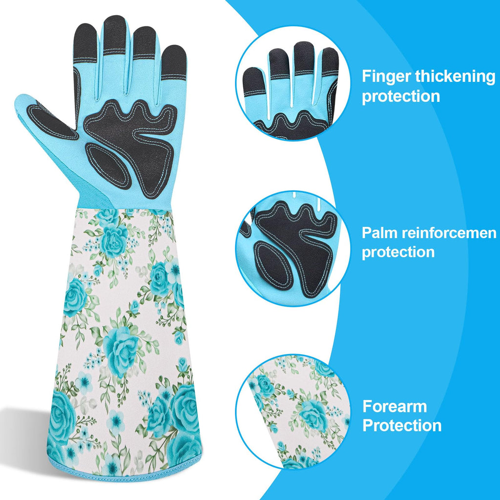 DLY Garden Gloves for Women,Gardening Gloves,Gardening Gift for Lady,Blue,M | Thornproof Cowhide Palm, Foam-Padded Grip, Long Sunflower Print Cuff, 3-Finger Touchscreen, Rose Pruning, Weeding & Yard Work