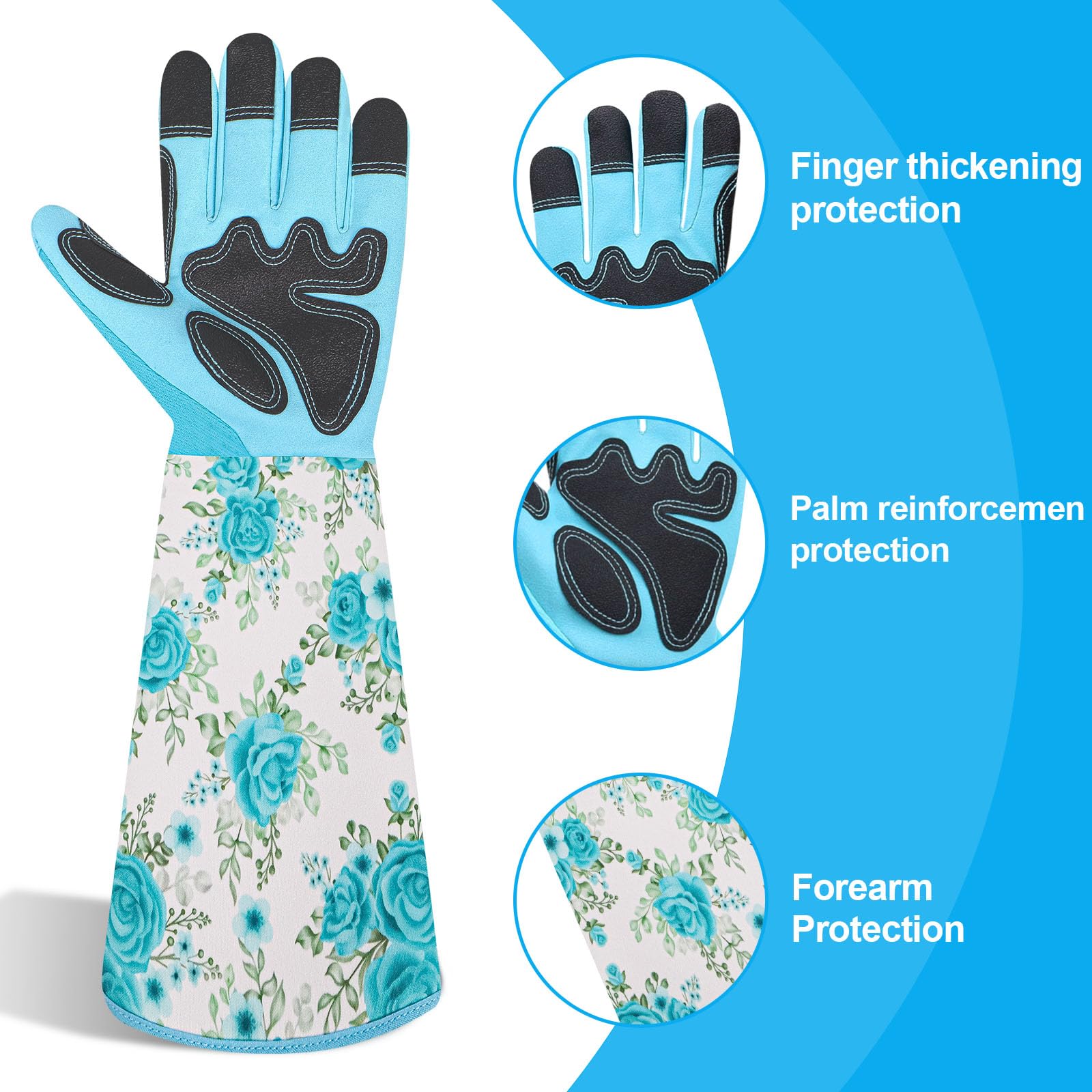 DLY Garden Gloves for Women,Gardening Gloves,Gardening Gift for Lady,Blue,M | Thornproof Cowhide Palm, Foam-Padded Grip, Long Sunflower Print Cuff, 3-Finger Touchscreen, Rose Pruning, Weeding & Yard Work