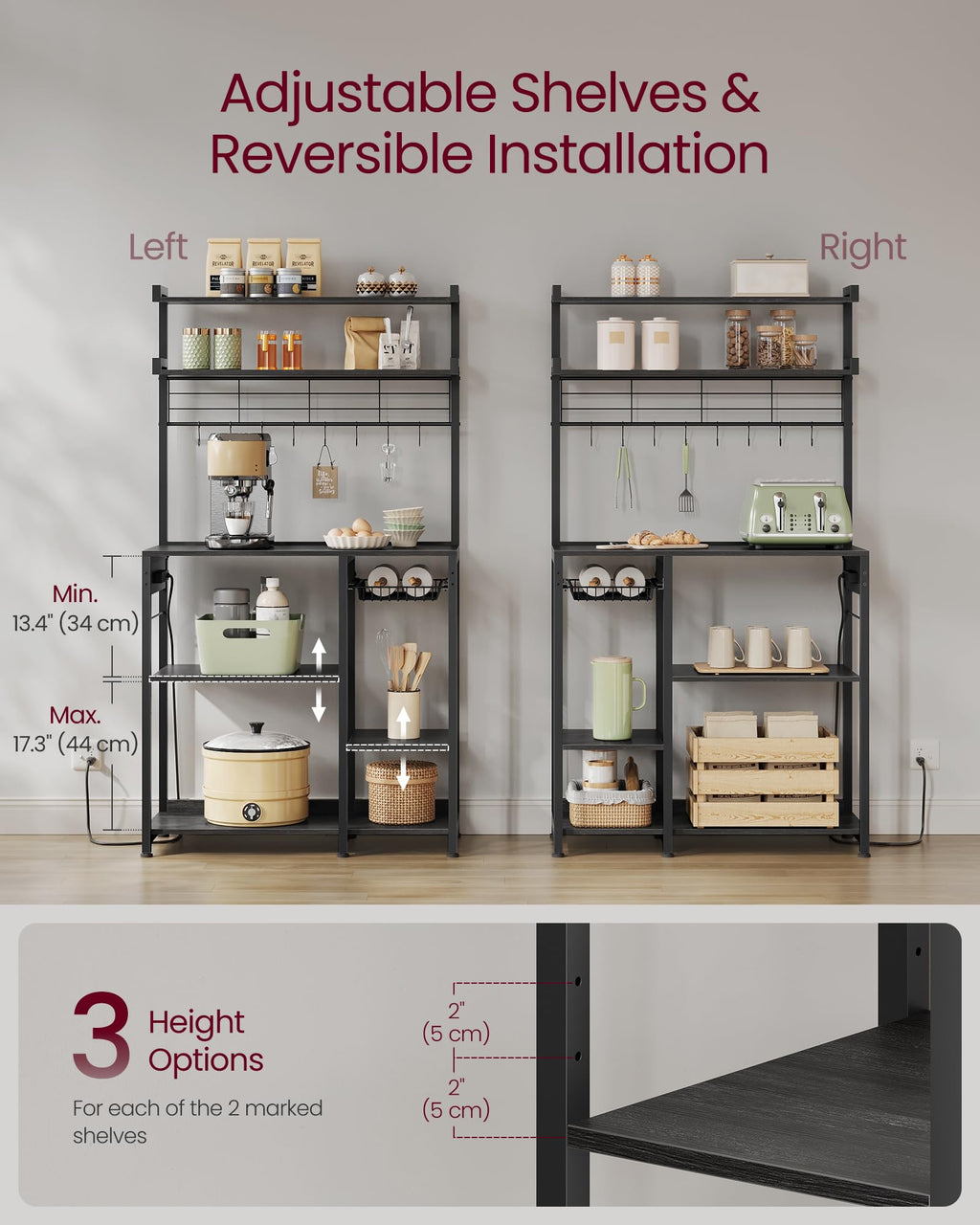 VASAGLE Kitchen Bakers Rack with Power Outlet, Coffee Bar with 35.4-Inch High Worktop, Microwave Stand with 8 Hooks, 15.7 x 31.5 x 66.9 Inches, Golden Oak and Cloud White UKKS059Y01