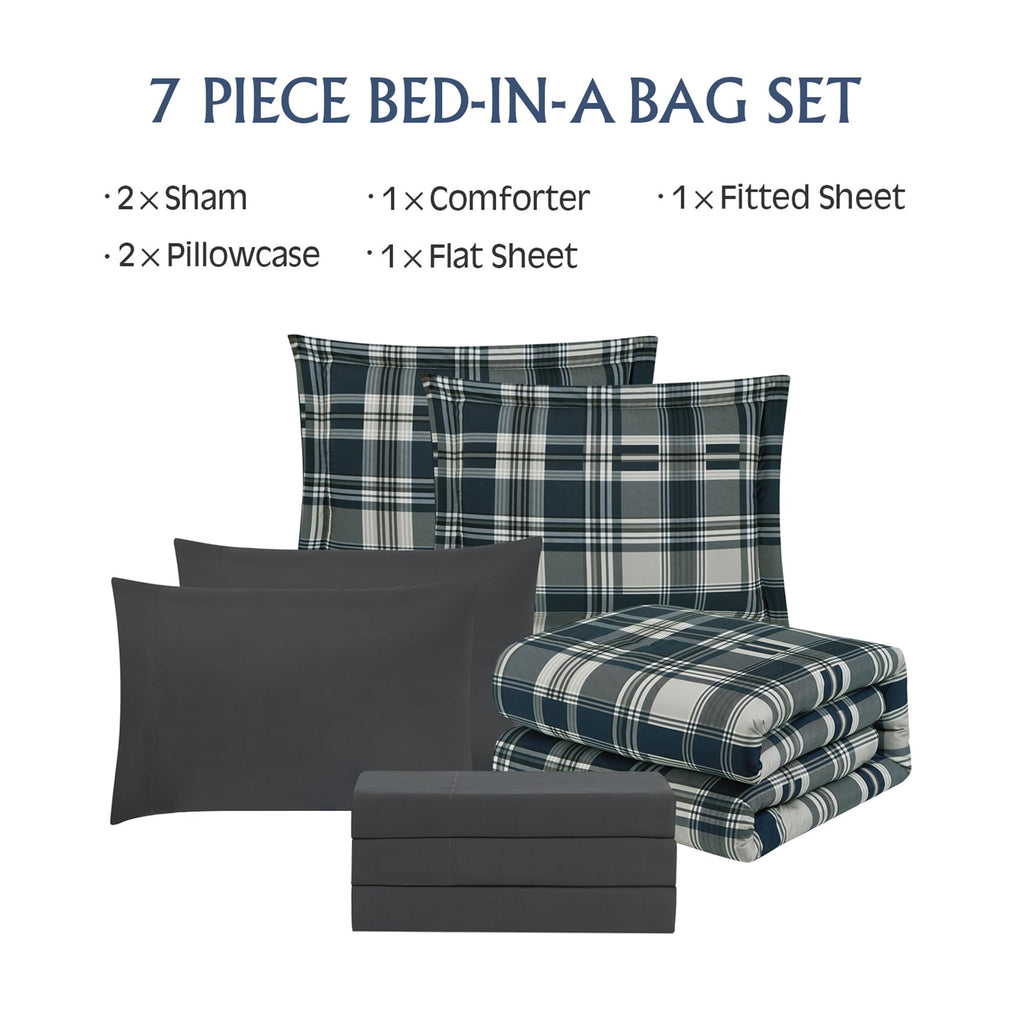 MaiRêve Plaid Twin XL Comforter Set Navy Blue 5 Pieces Dorm Bed in a Bag | Rustic Farmhouse Bedding Sets for Boys Teen with Sheets, Pillowcase & Sham