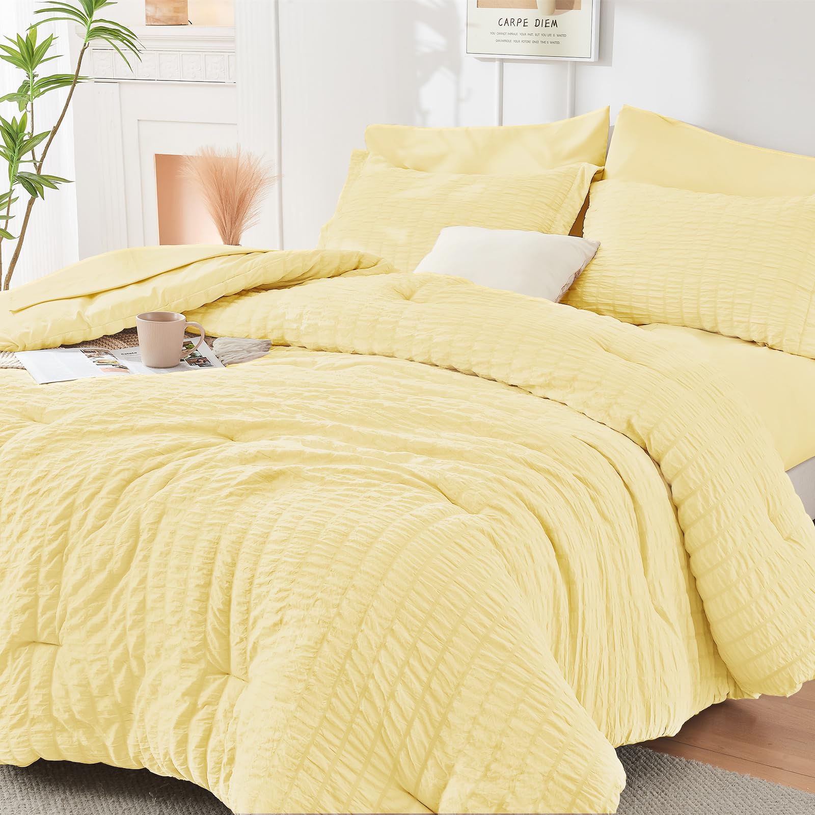 HYMOKEGE Twin XL Comforter Set Seersucker 5 Pieces, All Season Luxury Bed in a Bag for Bedroom, Bedding Set with Comforter, Sheet, Pillowcase & Sham, Dark Grey