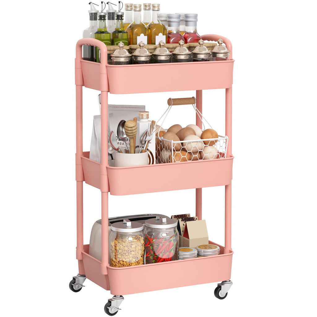 Sywhitta 3-Tier Plastic Rolling Utility Cart with Handle, Multi-Functional Storage Trolley for Office, Living Room, Kitchen, Movable Storage Organizer with Wheels, Black
