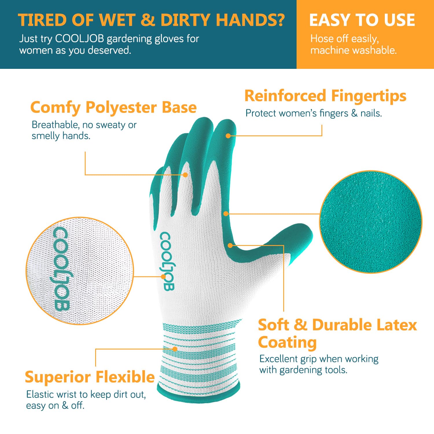 COOLJOB 2 Pairs Gardening Gloves for Women Ladies, Breathable Rubber Coated for Yard Garden, Outdoor Indoor Protective Work with Grip, Medium Size, Red & Green | Red & Blue, Textured Latex Palm, Breathable Polyester Liner, Flexible Fit, Machine Washable,