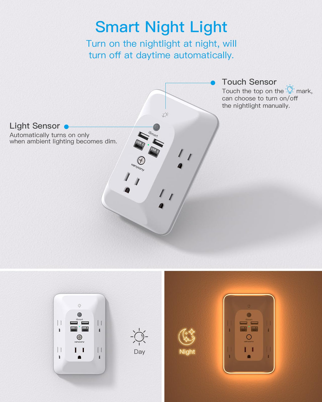 Outlet Extender with Night Light, Multi Plug Wall Outlet, Surge Protector | Multiple Electrical Outlet Splitter Expander, 4 USB Ports (1 USB C) Wall Charger, Plug Extension Adapter for Home, Dorm, RV