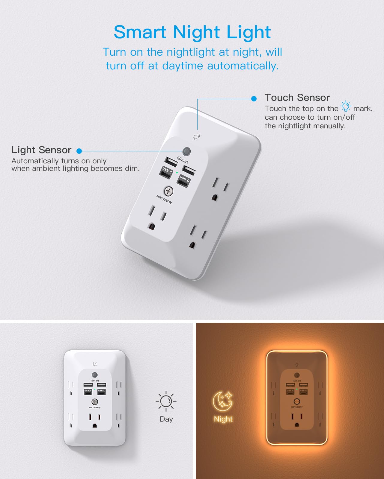 Outlet Extender with Night Light, Multi Plug Wall Outlet, Surge Protector | Multiple Electrical Outlet Splitter Expander, 4 USB Ports (1 USB C) Wall Charger, Plug Extension Adapter for Home, Dorm, RV
