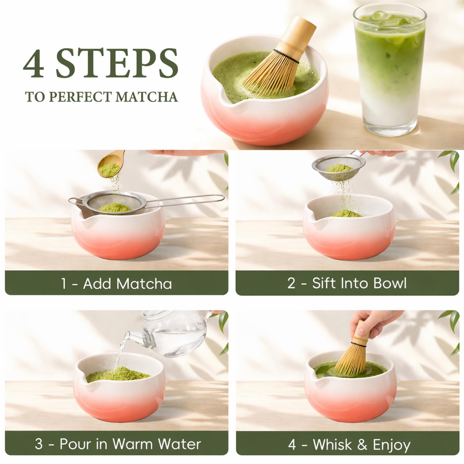 Matcha Whisk Set, Ceramic Matcha Set Includes Bowl & Holder, Bamboo Whisk (Chasen), Scoop, Spoon and Sifter, 6PCS Matcha Kit Covers Everything Needed for Making Matcha (Green)