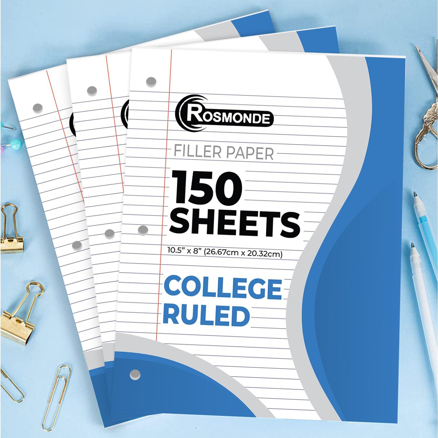 Rosmonde Loose Leaf Paper, 450 Sheets, 3 Pack, College Ruled Paper, 8" x 10.5", Bulk Office Filler Paper, 3 Hole Punched, 150 Sheets/Pack, 56 gsm Paper, College Ruled Notebook Paper for Binder, White | Bulk Office Filler Paper, 8" x 10.5", 3 Hole Punched,