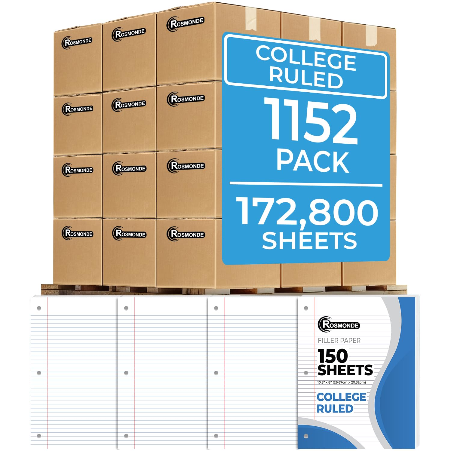 Rosmonde Loose Leaf Paper, 450 Sheets, 3 Pack, College Ruled Paper, 8" x 10.5", Bulk Office Filler Paper, 3 Hole Punched, 150 Sheets/Pack, 56 gsm Paper, College Ruled Notebook Paper for Binder, White | Bulk Office Filler Paper, 8" x 10.5", 3 Hole Punched,