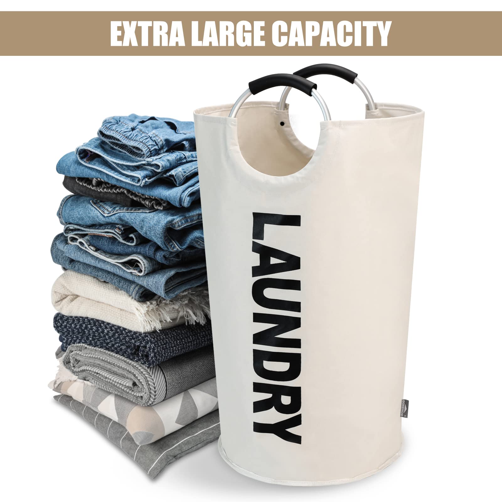 DOKEHOM 90L Large Laundry Basket, Collapsible Laundry Bag, Black | Freestanding tall clothes hamper & foldable washing bin. High-capacity clothes storage basket with durable sturdy handles