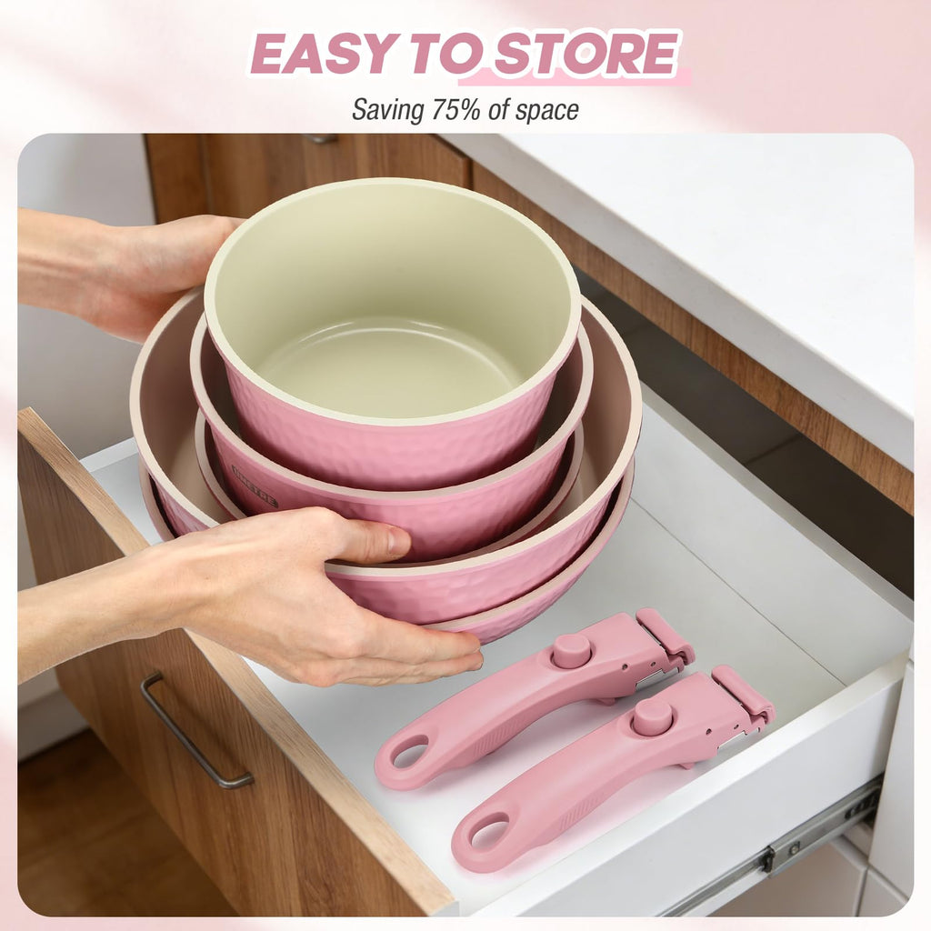 pots and Pans Set, Ceramic Nonstick Cookware Set Detachable Handle, Induction Kitchen Cookware Sets with Removable Handle, Non Stick RV Cookware Set, Dishwasher ＆ Oven Safe