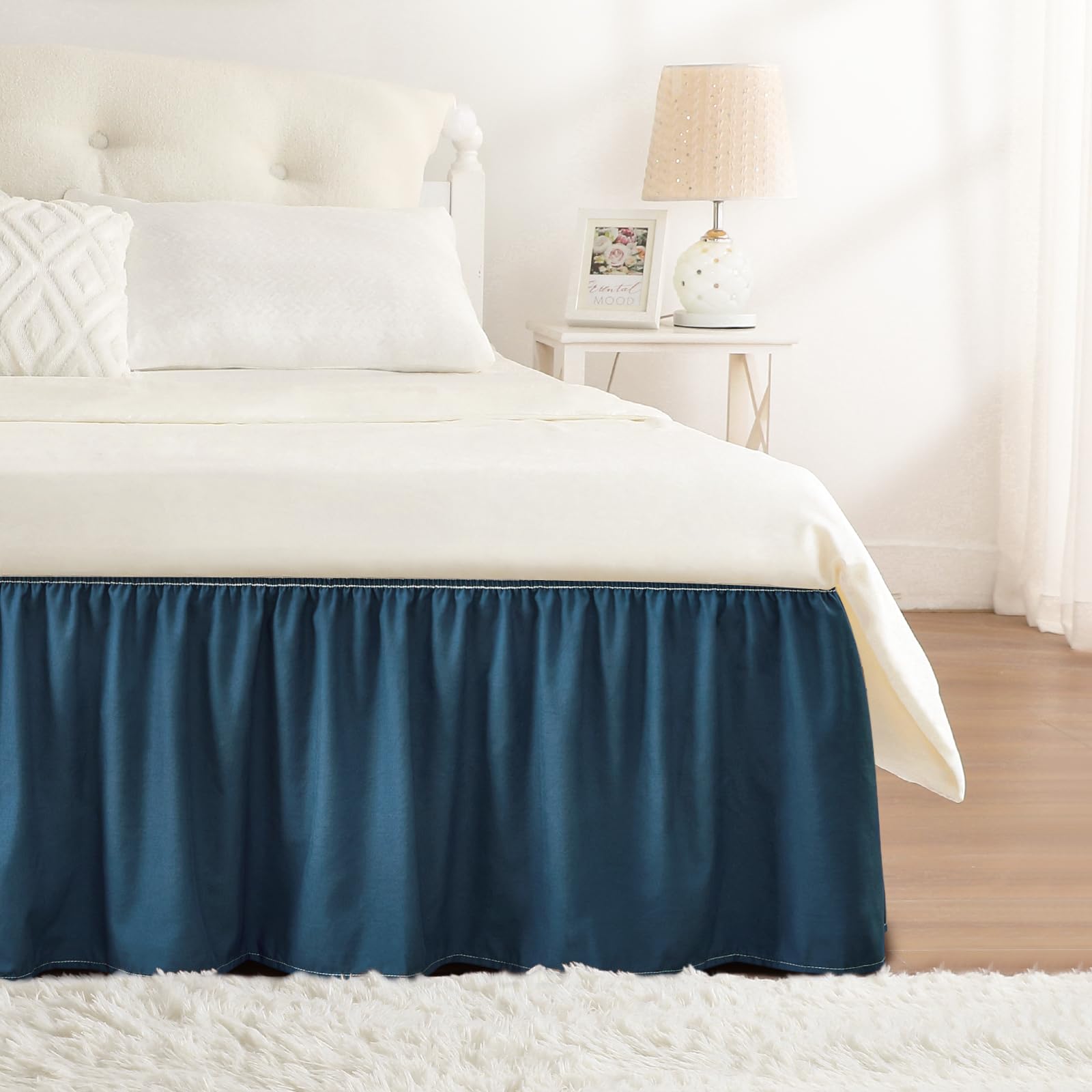 RIMELA Dorm Bed Skirt Twin XL 32 Inch Drop, Easy to Install Extra Long Wrap Around Elastic Dust Ruffle, White Bedskirt Solid Silky Fabric Machine Washable, Bedroom Decor