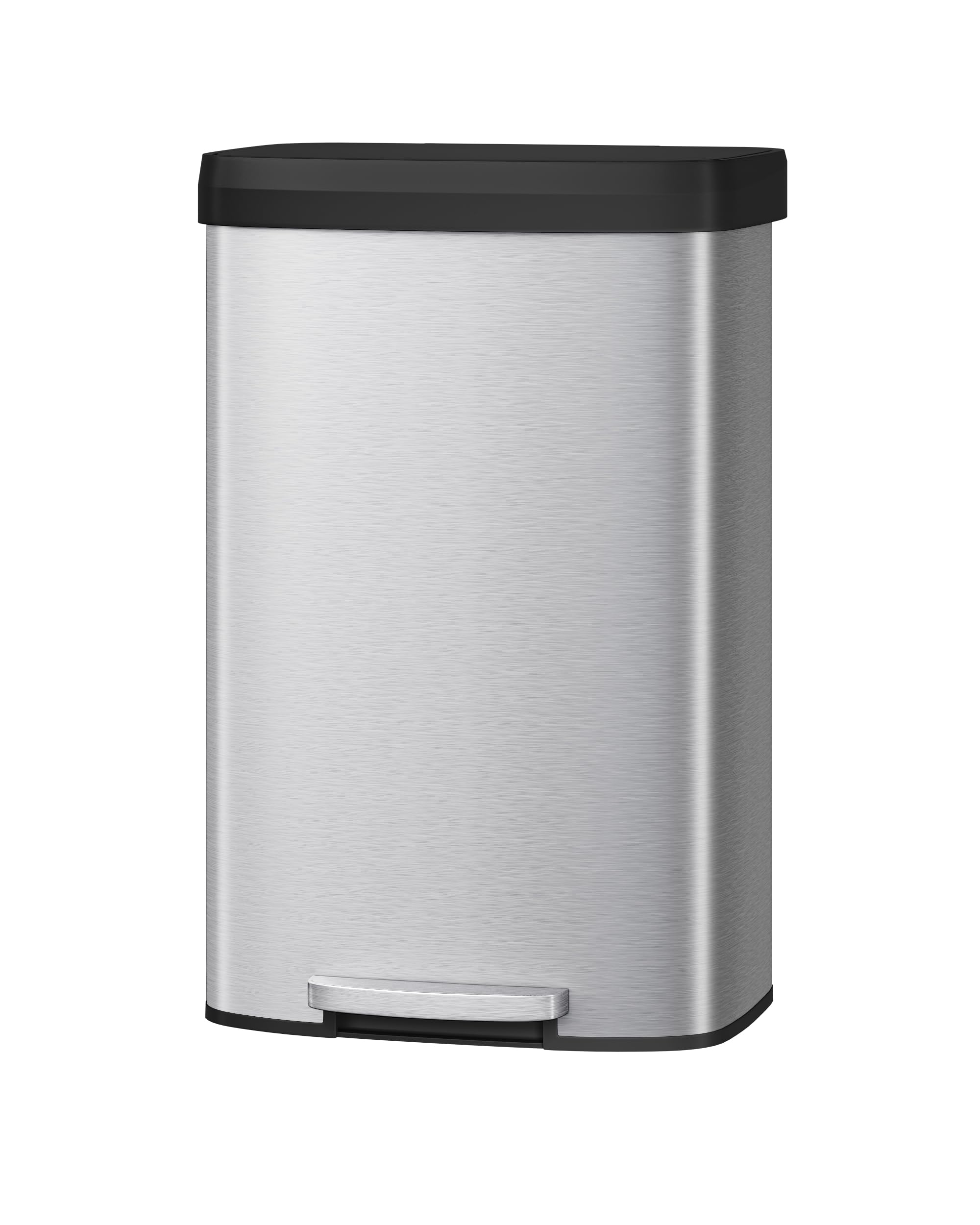 Garvee 13 gal / 50 L Stainless Steel Trash Can with Lid, Large Garbage Can for Kitchen, Rustproof Step-on Kitchen Metal Trash Bin with Liner Rim, Rear Handle, Soft Close Plastic Lid, Silver