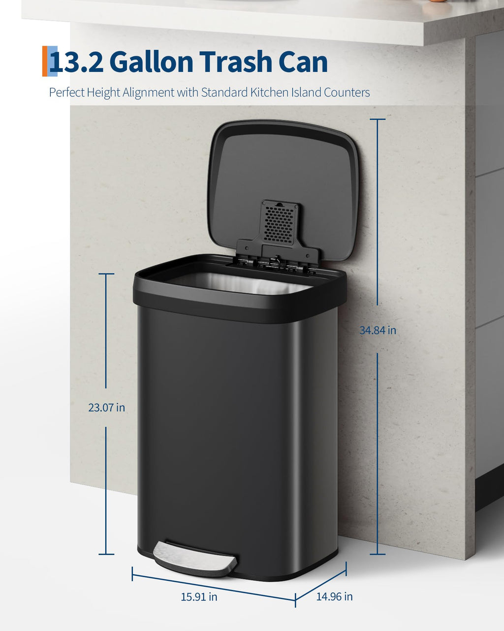 Garvee 13 gal / 50 L Stainless Steel Trash Can with Lid, Large Garbage Can for Kitchen, Rustproof Step-on Kitchen Metal Trash Bin with Liner Rim, Rear Handle, Soft Close Plastic Lid, Silver