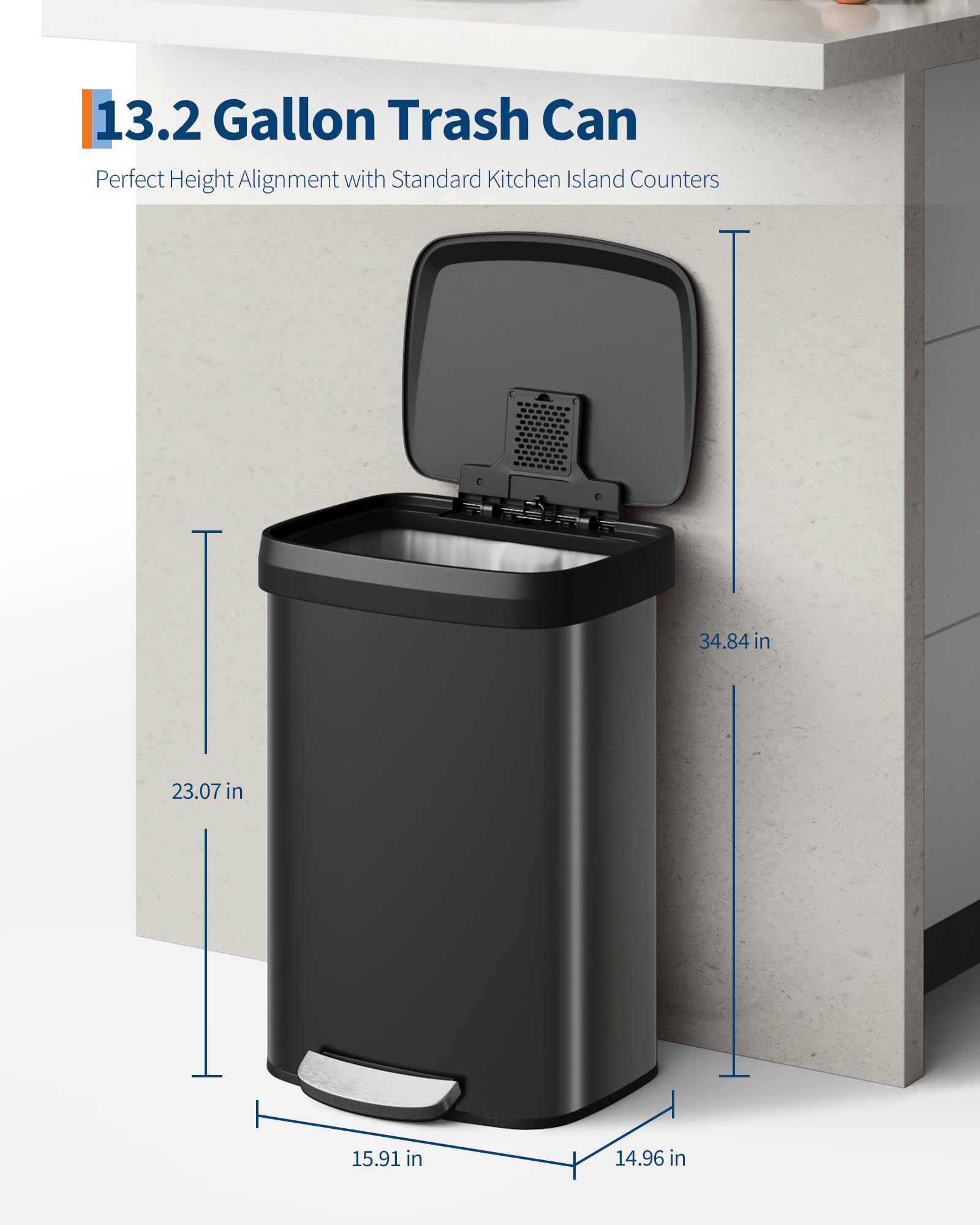 Garvee 13 gal / 50 L Stainless Steel Trash Can with Lid, Large Garbage Can for Kitchen, Rustproof Step-on Kitchen Metal Trash Bin with Liner Rim, Rear Handle, Soft Close Plastic Lid, Silver