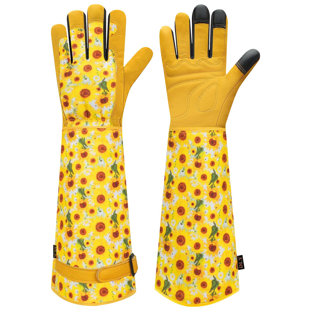 DLY Garden Gloves for Women,Gardening Gloves,Gardening Gift for Lady,Blue,M | Thornproof Cowhide Palm, Foam-Padded Grip, Long Sunflower Print Cuff, 3-Finger Touchscreen, Rose Pruning, Weeding & Yard Work