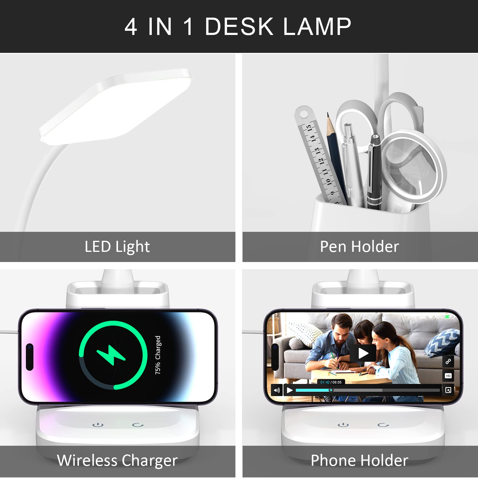 LED Desk Lamp with Wireless Charger for Home Office, Black | 3 Color Modes Dimmable Eye-Caring Study Desk Light for College Dorm Room, 360° Flexible Arm, Built-in Pen Holder, 800 Lumen