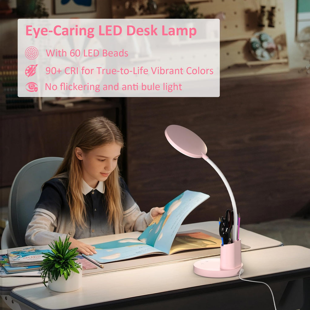 LED Desk Lamp with Wireless Charger for Home Office, Black | 3 Color Modes Dimmable Eye-Caring Study Desk Light for College Dorm Room, 360° Flexible Arm, Built-in Pen Holder, 800 Lumen