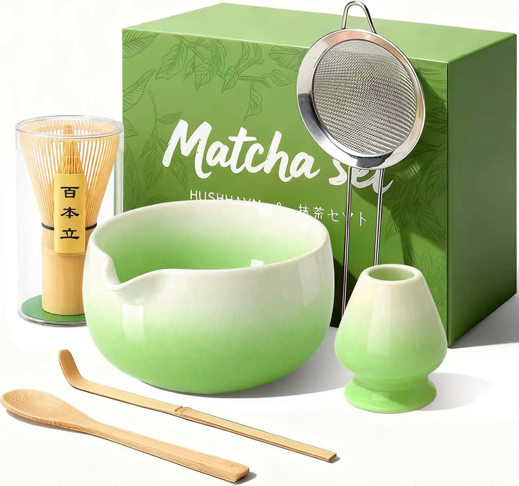 Matcha Whisk Set, Ceramic Matcha Set Includes Bowl & Holder, Bamboo Whisk (Chasen), Scoop, Spoon and Sifter, 6PCS Matcha Kit Covers Everything Needed for Making Matcha (Green)