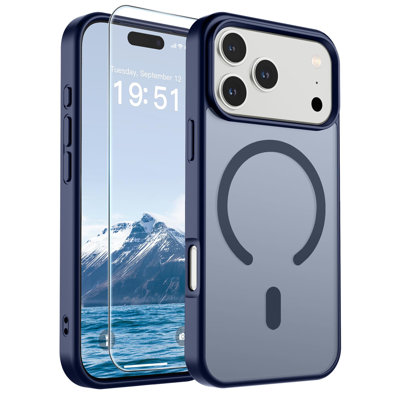 SUPFINE Magnetic for iPhone 17 Pro Max Case with Screen Protector (Compatible with MagSafe)(Military Grade Drop Protection) Translucent Matte Phone Cover,Dark Blue
