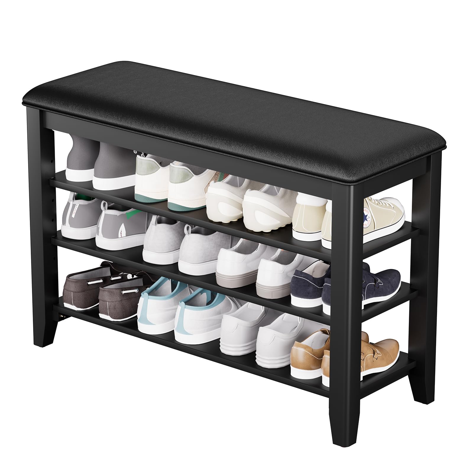 Taitiy Shoe Bench Storage Rubberwood with Leather Cushion for Entryway Bench Ideal for Hallways Shoe Rack Front Doors Entrances Mudrooms Featuring 3 Height-Adjustable and Removable Shelves