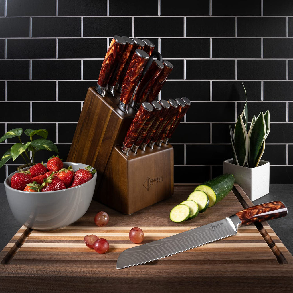 SENKEN 16-Piece Knife Block Set - Japanese High Carbon Stainless Steel with Damascus Pattern, Dark Wood Handles, 6 Steak Knives & Acacia Hardwood Block (Brown)