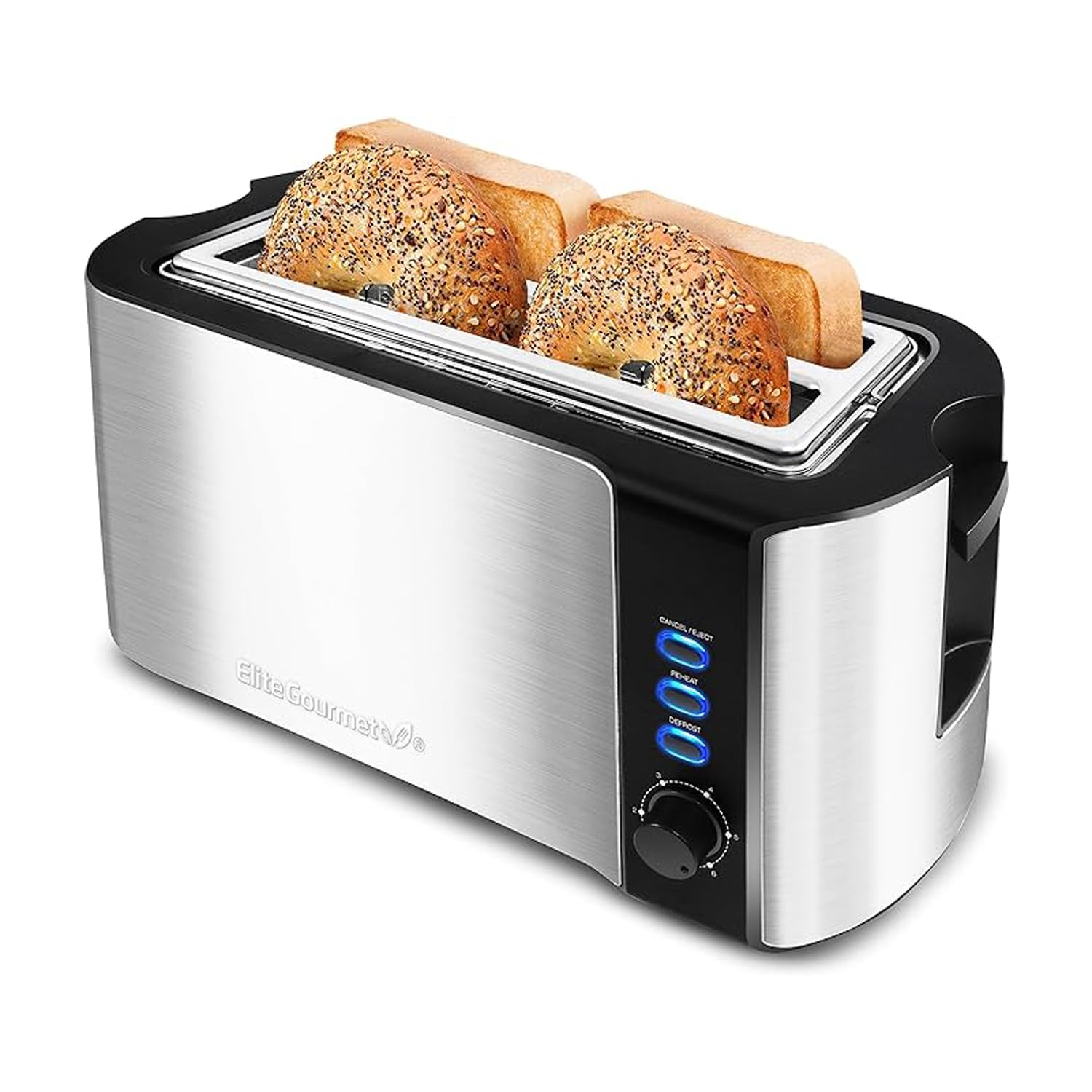 Elite Gourmet ECT5500 4-Slice Long Slot Toaster, Fully Automatic Motorized, Stainless Steel Digital Touchscreen, Extra-Wide Slots, 6 Browning Levels, Bagel, Defrost & Reheat