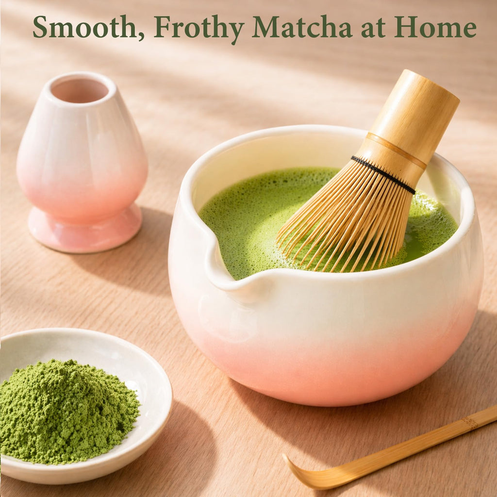 Matcha Whisk Set, Ceramic Matcha Set Includes Bowl & Holder, Bamboo Whisk (Chasen), Scoop, Spoon and Sifter, 6PCS Matcha Kit Covers Everything Needed for Making Matcha (Green)