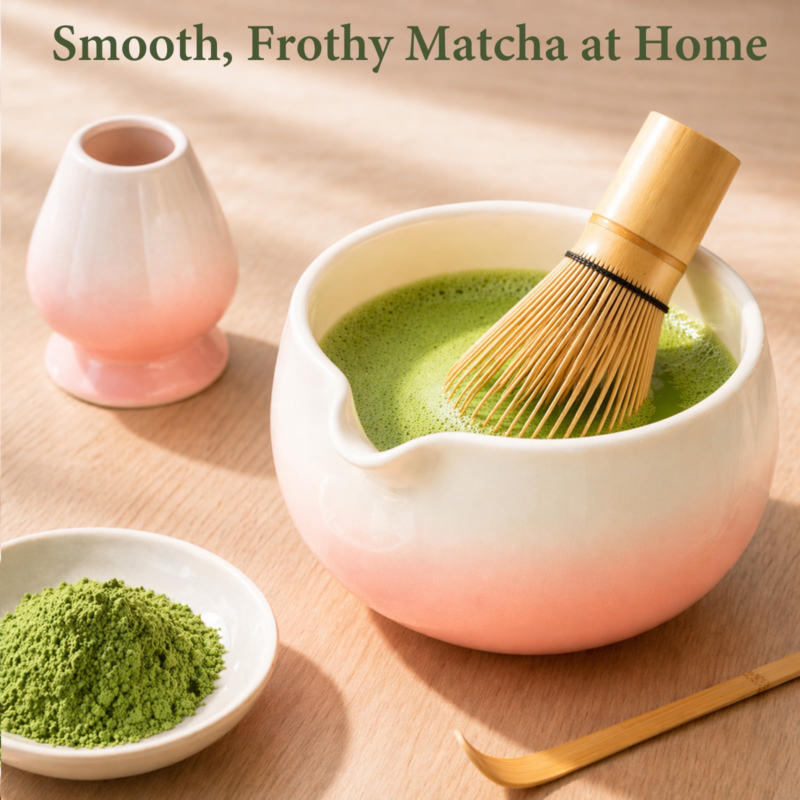Matcha Whisk Set, Ceramic Matcha Set Includes Bowl & Holder, Bamboo Whisk (Chasen), Scoop, Spoon and Sifter, 6PCS Matcha Kit Covers Everything Needed for Making Matcha (Green)