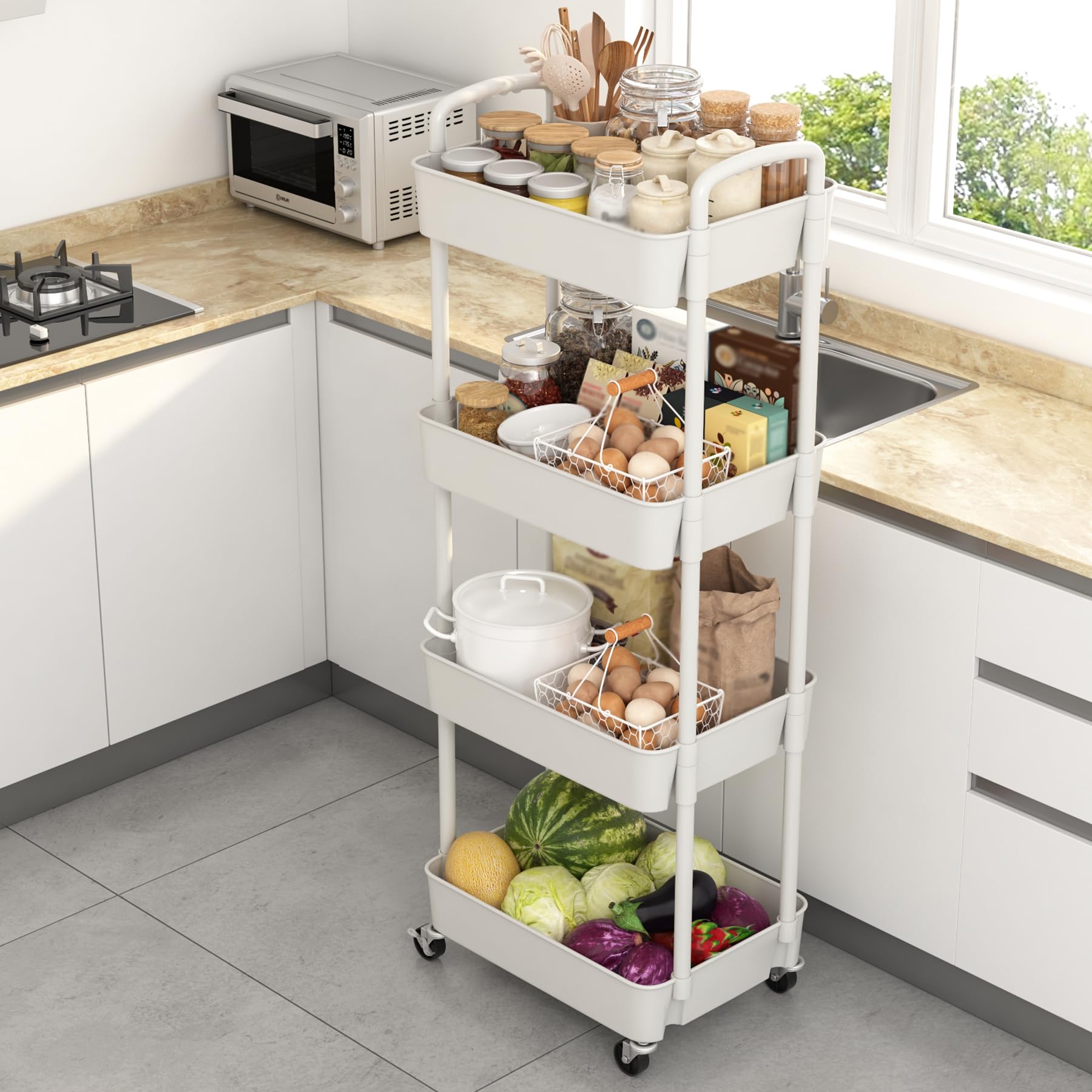 Sywhitta 3-Tier Plastic Rolling Utility Cart with Handle, Multi-Functional Storage Trolley for Office, Living Room, Kitchen, Movable Storage Organizer with Wheels, Black