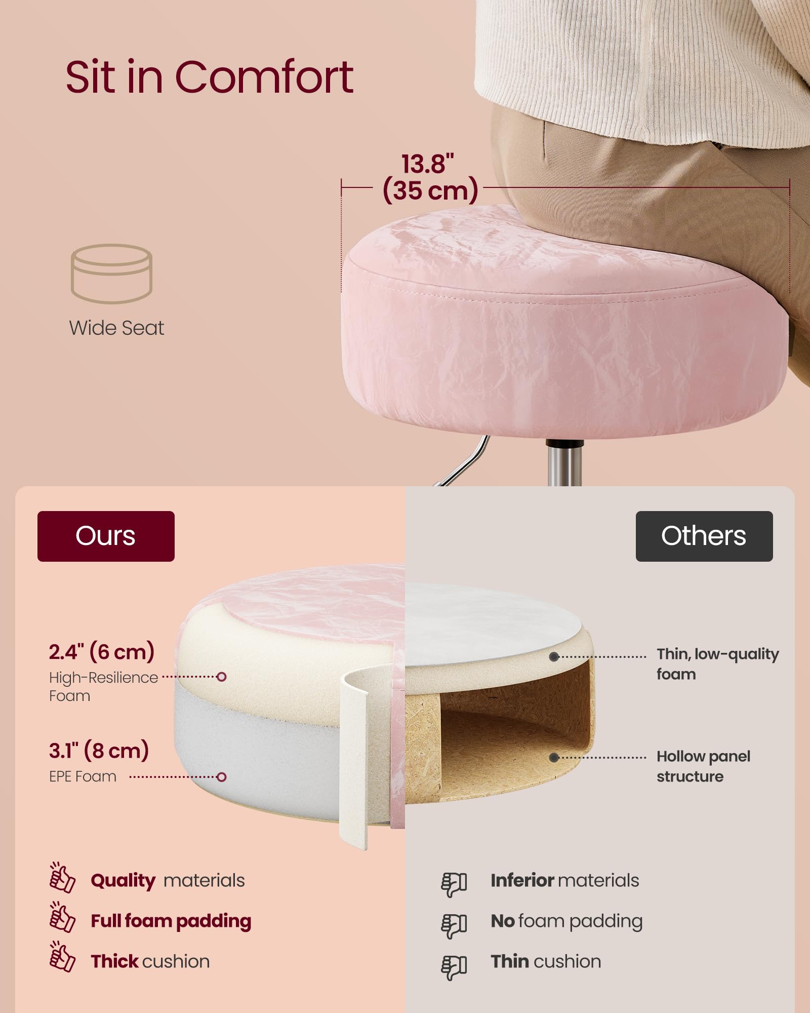 VASAGLE Adjustable Bar Stool, 360° Swivel, PU Leather, Thick Cushion, for Kitchen, Dining Room Bedroom, Modern, Cream White | LJB120W01 Dressing Chair Stool Stool Bedroom Kitchen Dining Room Modern White
