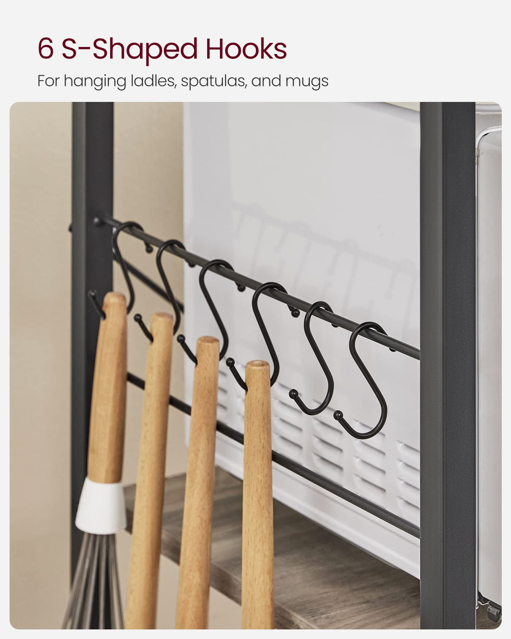 VASAGLE Kitchen Bakers Rack with Power Outlet, Coffee Bar with 35.4-Inch High Worktop, Microwave Stand with 8 Hooks, 15.7 x 31.5 x 66.9 Inches, Golden Oak and Cloud White UKKS059Y01