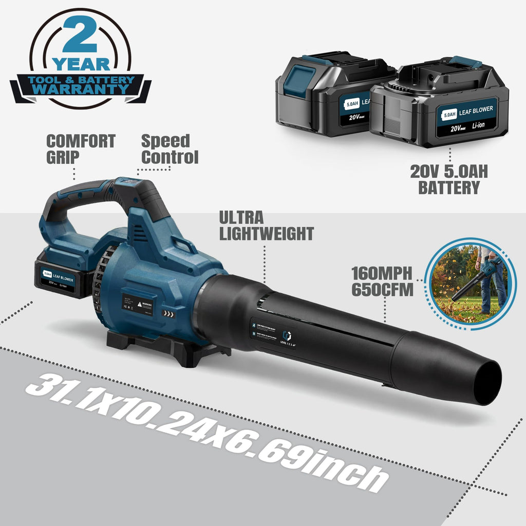 LOSART Leaf Blower Cordless, 650CFM & 3 Speed Levels, 1200W Electric Cordless Leaf Blower with 2 x 5.0Ah Batteries & Fast Charger, Blowers for Lawn Care, Yard, Blowing Leaves, Dust, Snow