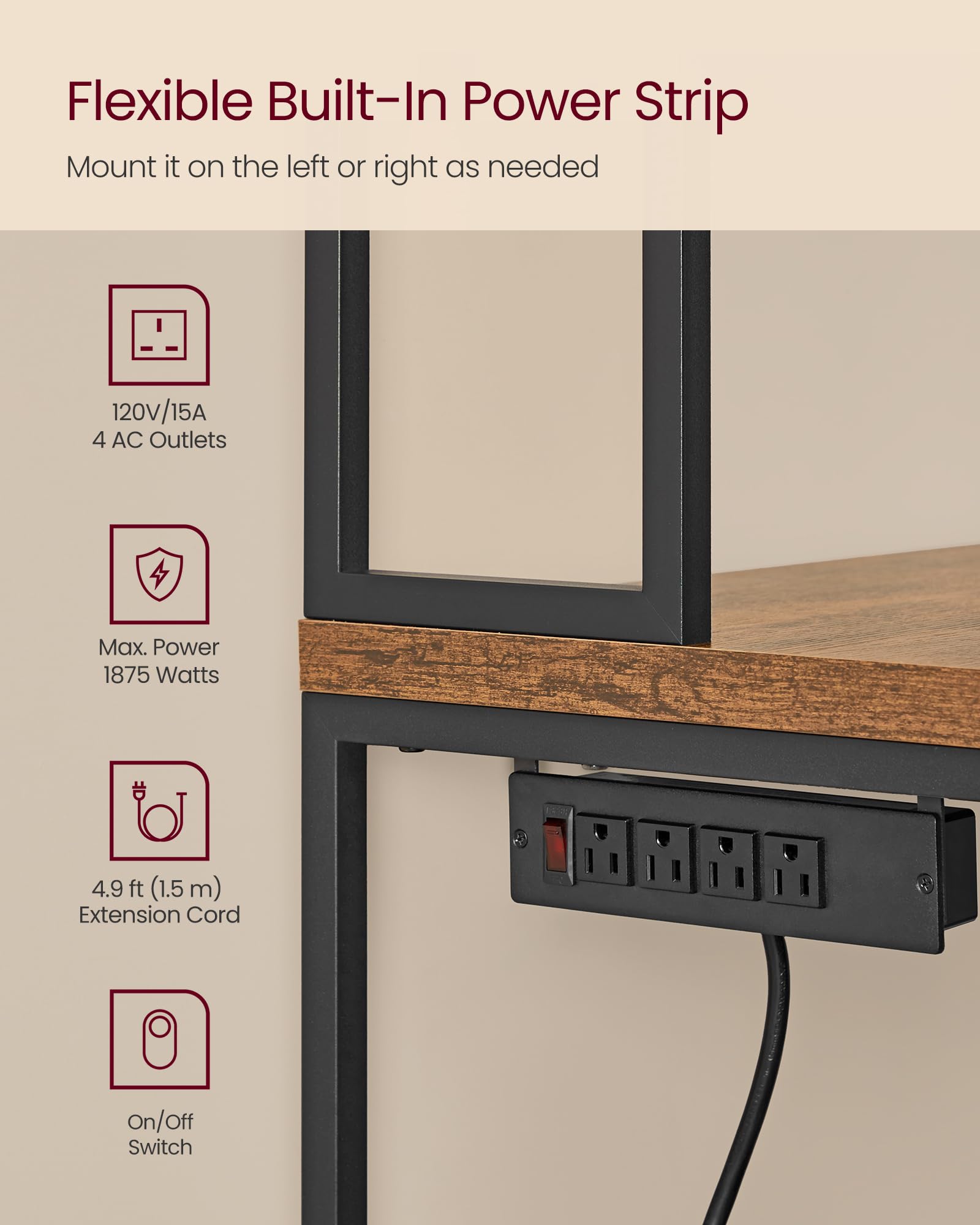 VASAGLE Kitchen Bakers Rack with Power Outlet, Coffee Bar with 35.4-Inch High Worktop, Microwave Stand with 8 Hooks, 15.7 x 31.5 x 66.9 Inches, Golden Oak and Cloud White UKKS059Y01