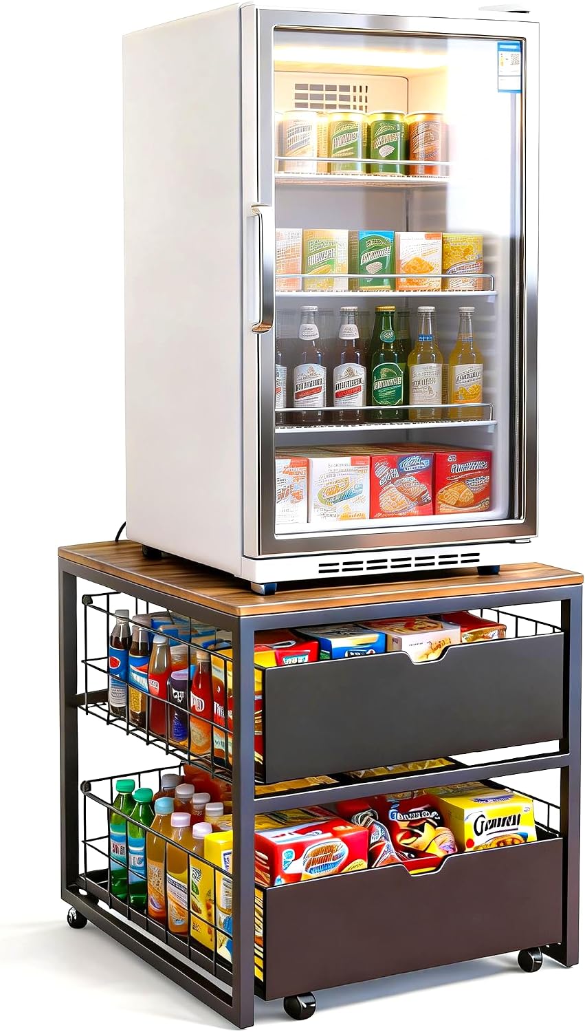 Mini Fridge Stand with Storage, Heavy Duty Mini Fridge Table, Small Refrigerator Stand, For Dorm Office Apartment Home, 21.6”L x 21.6”W x 22.2”H, Max Load 250 LBS