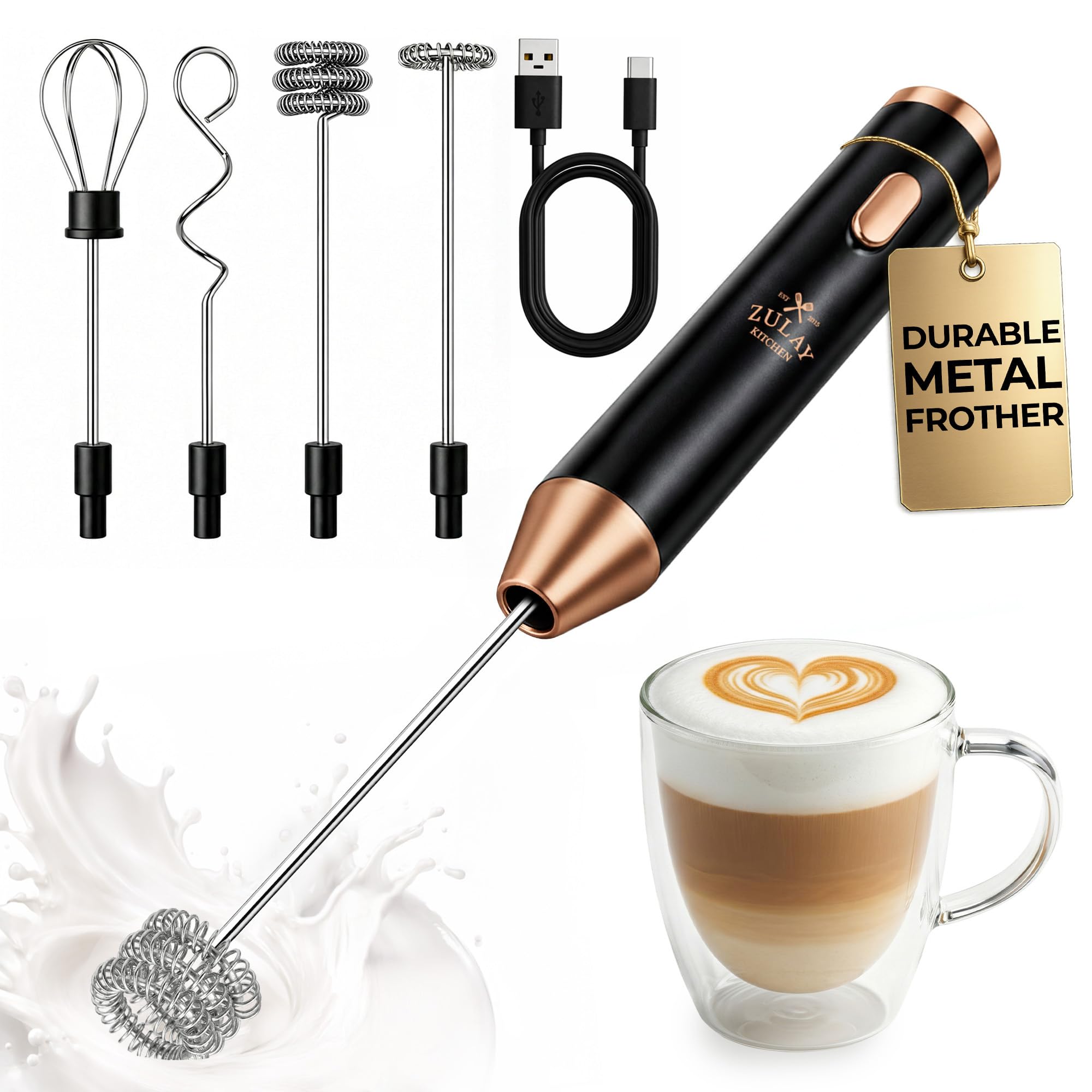 Zulay Kitchen Powerful Milk Frother Wand With Duracell Batteries - Ultra Fast Handheld Drink Mixer - Electric Whisk Foam Maker for Coffee, Lattes, Cappuccino & Matcha - Z1 Motor - Black