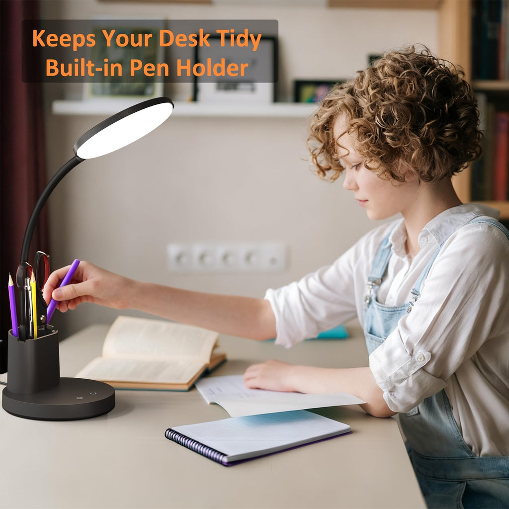 LED Desk Lamp with Wireless Charger for Home Office, Black | 3 Color Modes Dimmable Eye-Caring Study Desk Light for College Dorm Room, 360° Flexible Arm, Built-in Pen Holder, 800 Lumen