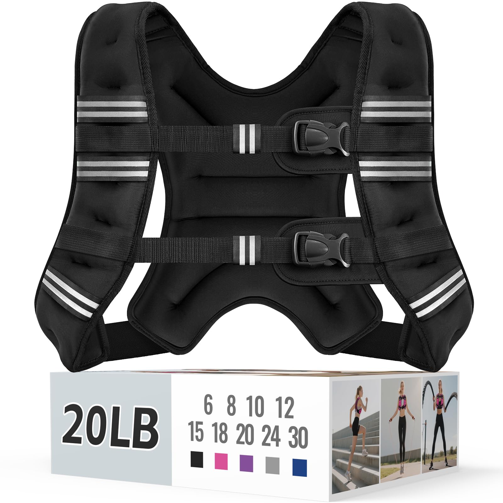 Zeerun Weighted Vest, 6lb/8lb/10lb/12lb/15lb/18lb/20lb/24lb/30lb for Men Women, Reflective Stripe Adjustable Buckle, Comfortable Durable Rucking Vest for Walking Running Strength Training
