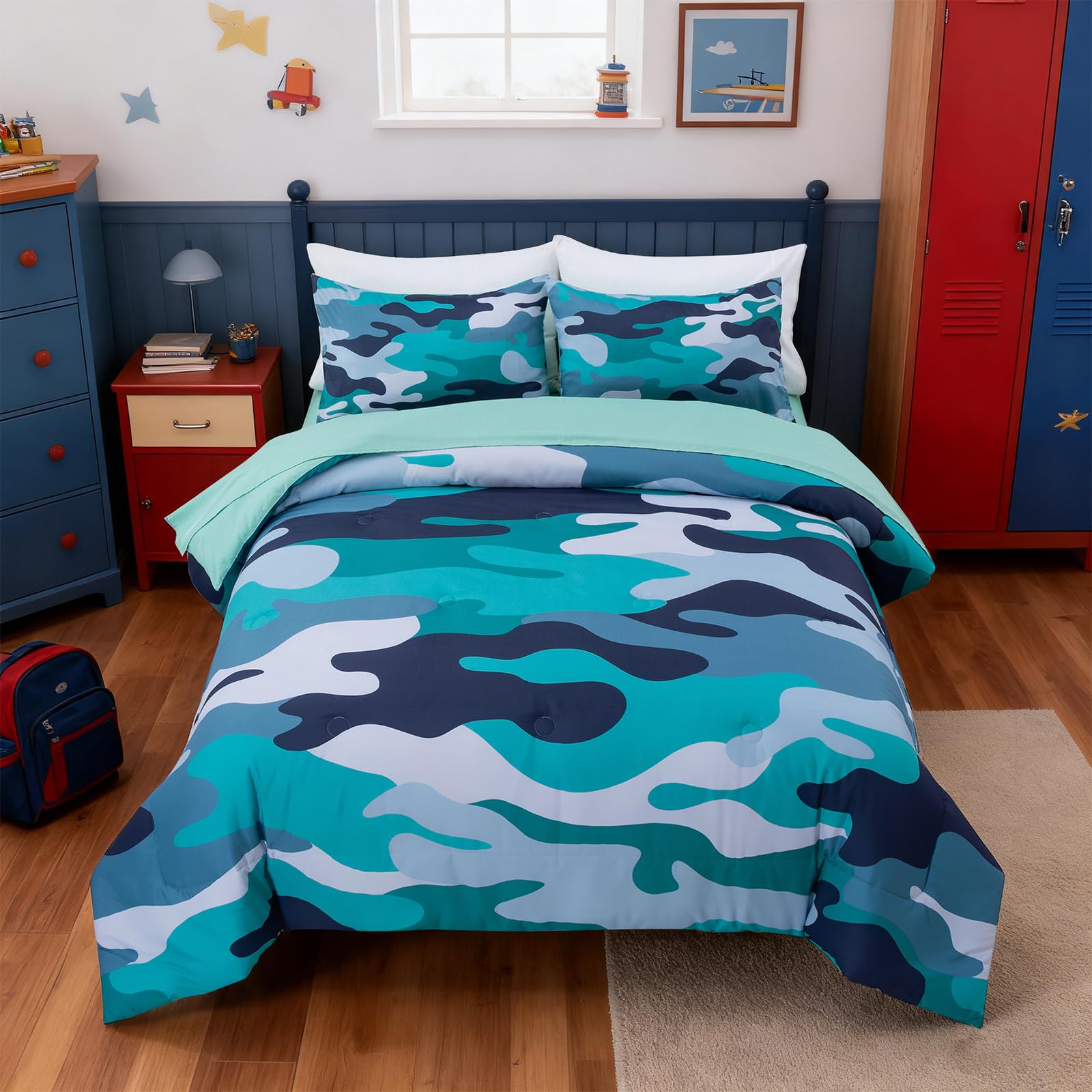 Holawakaka Twin Size Camouflage Bedding Comforter Set with Sheets, Boys Girls Men Camo Bed in A Bag 5 Pieces,Kids Teens Dorm Bed Sets Neutral Farmhouse Lodge Cabin Army Bedspread (Red, Twin)