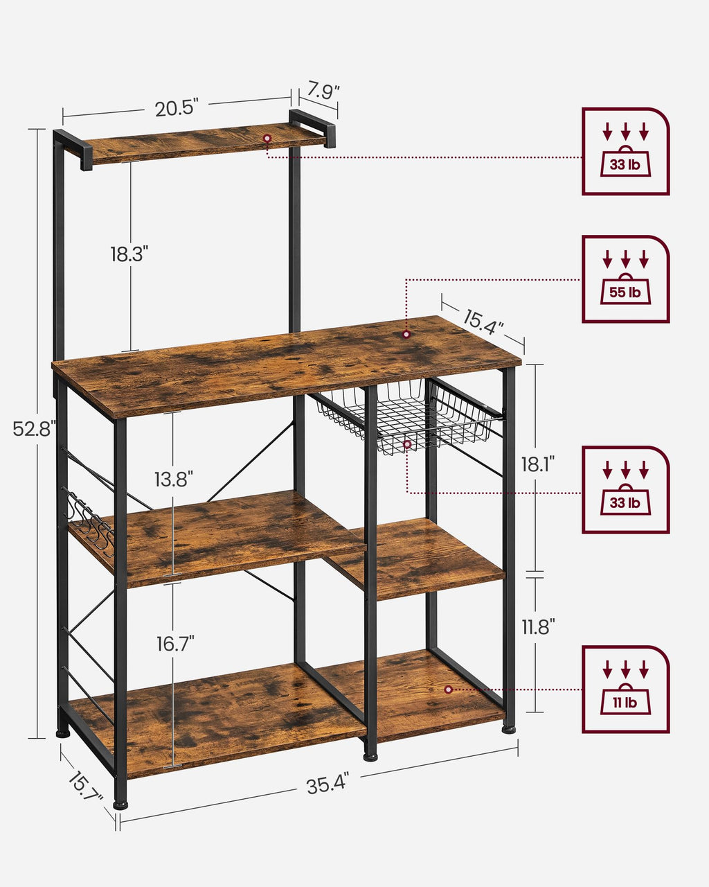 VASAGLE Kitchen Bakers Rack with Power Outlet, Coffee Bar with 35.4-Inch High Worktop, Microwave Stand with 8 Hooks, 15.7 x 31.5 x 66.9 Inches, Golden Oak and Cloud White UKKS059Y01