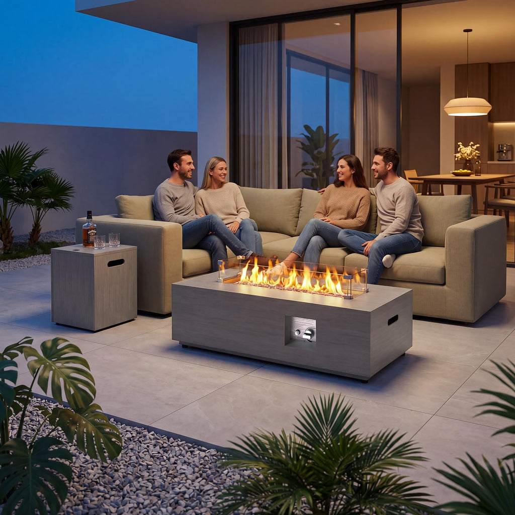 SUNPEAK 42" Modern Fire Pit Table with LED Light 50,000 BTU Deck Fire Pit Table Includes Wind Guard, Lid, Rocks & Cover - Propane Gas Patio Fireplace, Chimenea para Patio (Grey/Golden Light, 42" LED)
