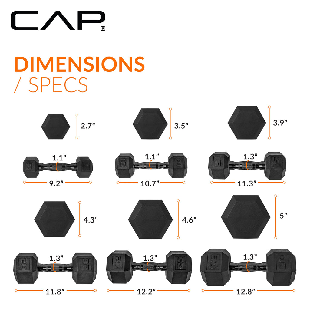 CAP Rubber Coated Hex Dumbbell Set with Storage Rack | 100–210 lb Options, Space-Saving Vertical Compact Storage for Home Gym Strength Training