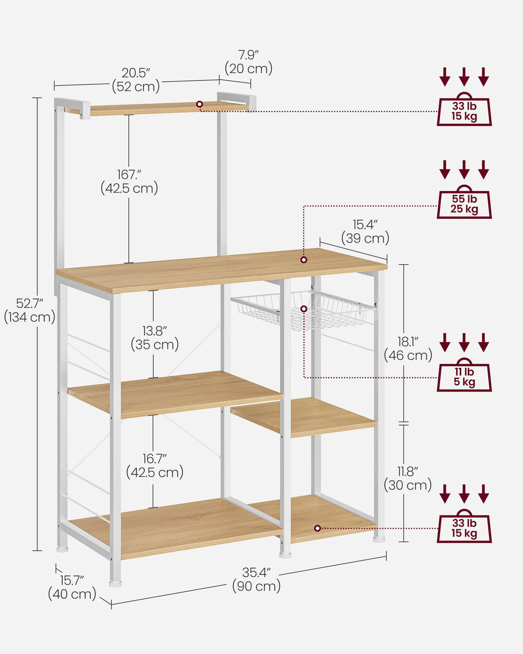 VASAGLE Kitchen Bakers Rack with Power Outlet, Coffee Bar with 35.4-Inch High Worktop, Microwave Stand with 8 Hooks, 15.7 x 31.5 x 66.9 Inches, Golden Oak and Cloud White UKKS059Y01