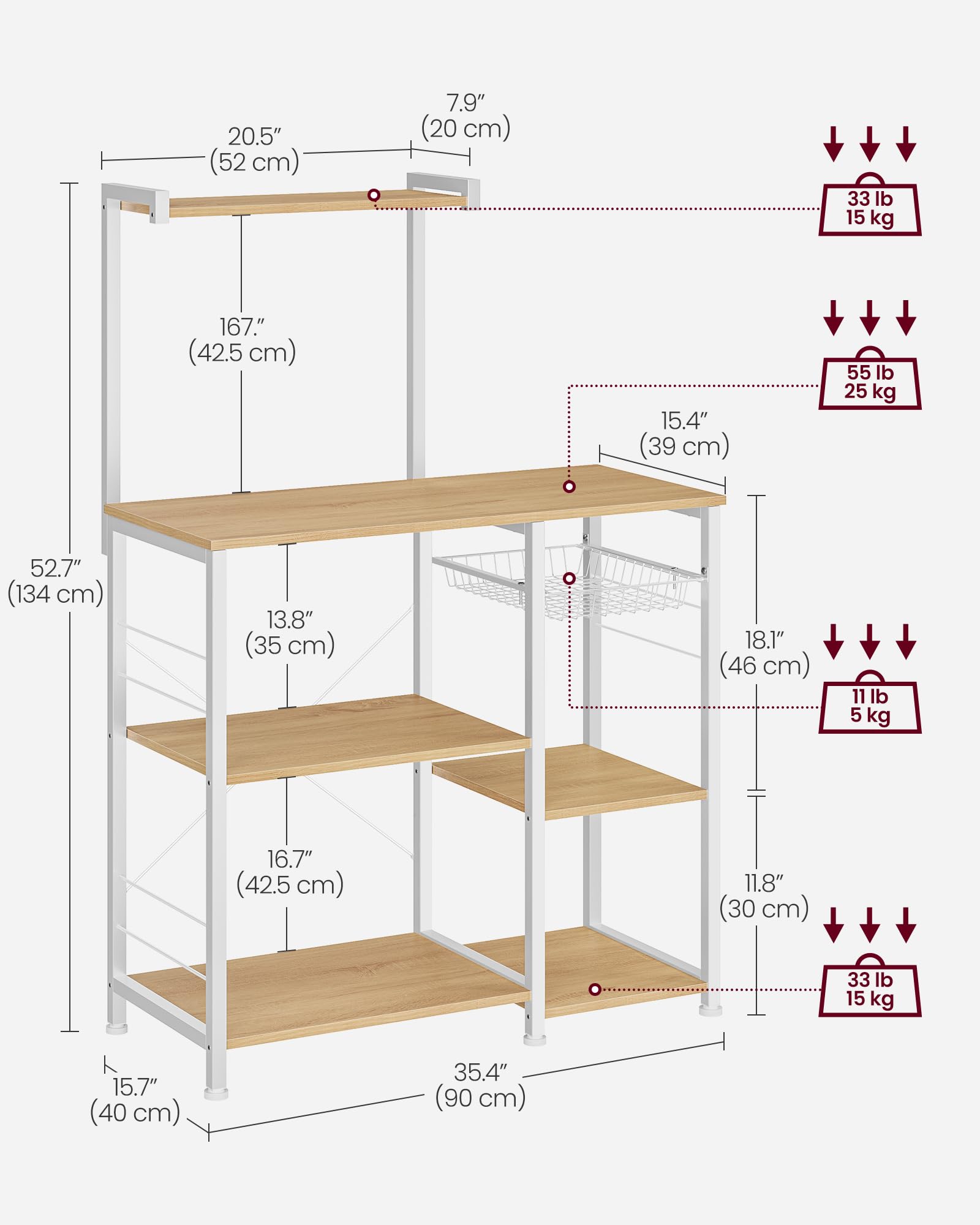 VASAGLE Kitchen Bakers Rack with Power Outlet, Coffee Bar with 35.4-Inch High Worktop, Microwave Stand with 8 Hooks, 15.7 x 31.5 x 66.9 Inches, Golden Oak and Cloud White UKKS059Y01