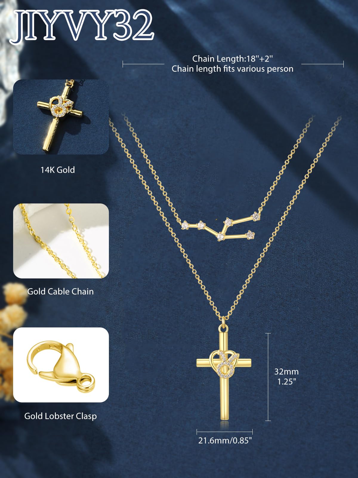 14K Gold Zodiac Cross Layered Necklace for Women - Horoscope Constellation Pendant with Cross,Luxury Anniversary Birthday Mothers Day Gifts Jewelry (12 Zodiac Signs)