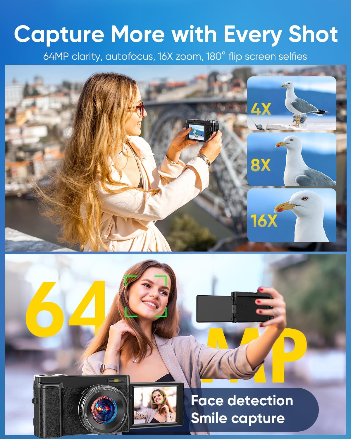 4K Digital Camera 64MP WiFi 180° Flip Screen Autofocus Compact, Black | 16X Zoom Anti-Shake Travel Vlogging YouTube Photography Webcam Filters Scene Modes 32GB Card Dual Rechargeable Batteries