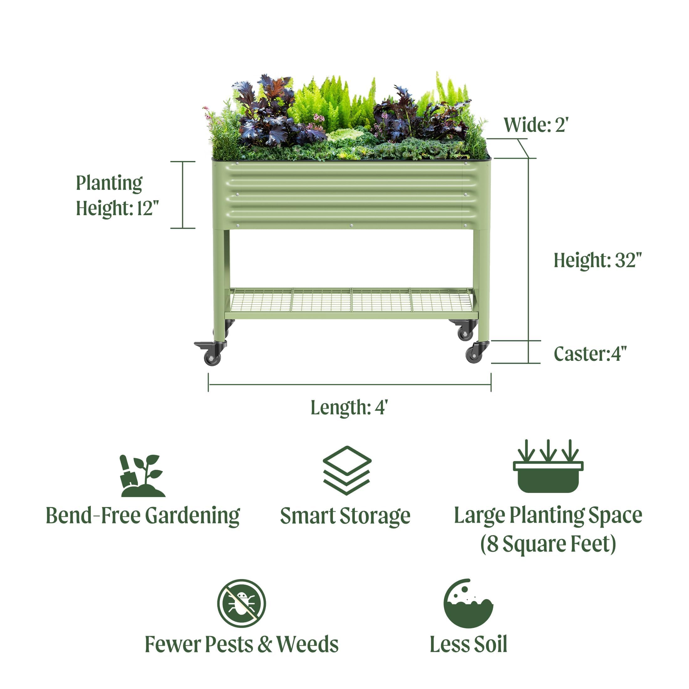 Rolling Elevated Raised Garden Bed, 2' x 4' Outdoor Planters Boxes with Legs & Storage Rack for Patio, 700 Lbs Weight Capacity, Raised Beds for Gardening Herbs Flowers, Pearl White