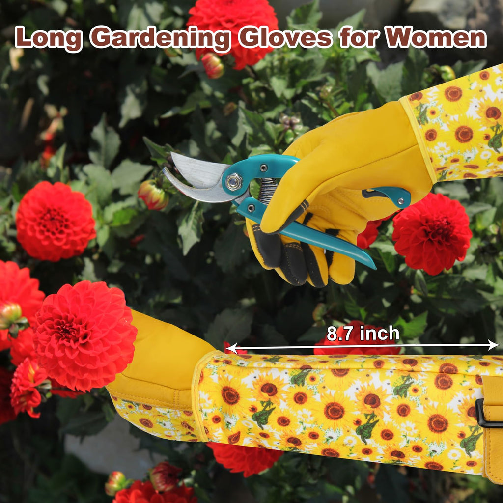 DLY Garden Gloves for Women,Gardening Gloves,Gardening Gift for Lady,Blue,M | Thornproof Cowhide Palm, Foam-Padded Grip, Long Sunflower Print Cuff, 3-Finger Touchscreen, Rose Pruning, Weeding & Yard Work