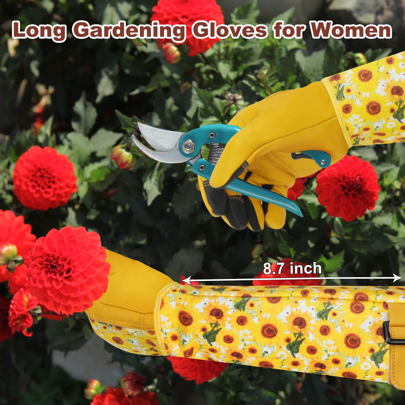 DLY Garden Gloves for Women,Gardening Gloves,Gardening Gift for Lady,Blue,M | Thornproof Cowhide Palm, Foam-Padded Grip, Long Sunflower Print Cuff, 3-Finger Touchscreen, Rose Pruning, Weeding & Yard Work